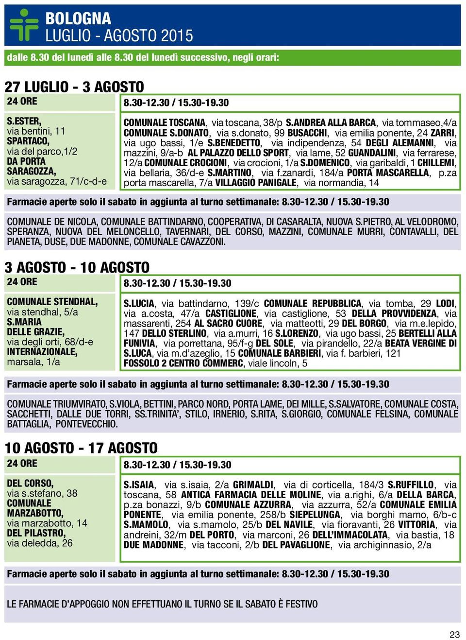 BENEDETTO, via indipendenza, 54 DEGLI ALEMANNI, via mazzini, 9/a-b AL PALAZZO DELLO SPORT, via lame, 52 GUANDALINI, via ferrarese, 12/a COMUNALE CROCIONI, via crocioni, 1/a S.