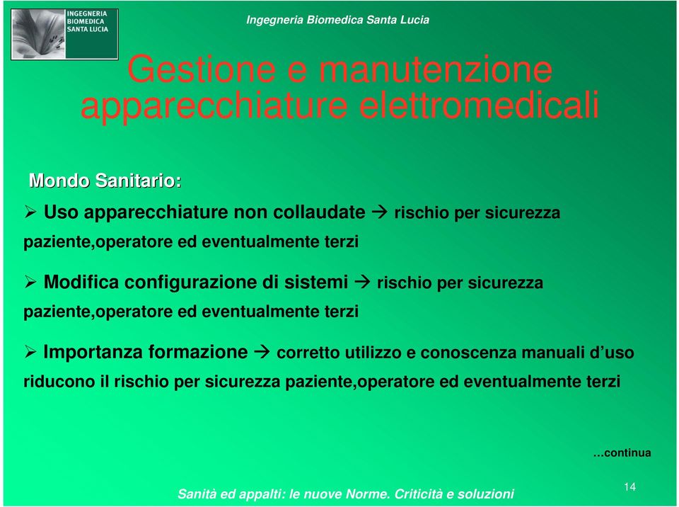 paziente,operatore ed eventualmente terzi Importanza formazione corretto utilizzo e