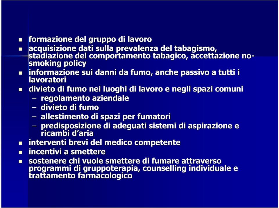 aziendale divieto di fumo allestimento di spazi per fumatori predisposizione di adeguati sistemi di aspirazione e ricambi d ariad interventi brevi del