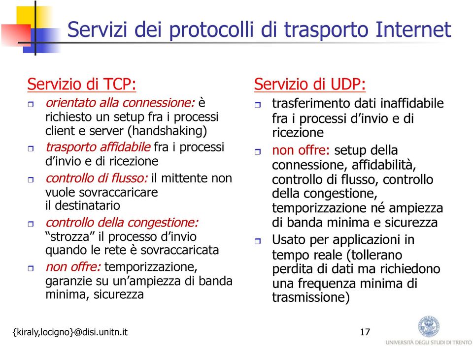 temporizzazione, garanzie su un ampiezza di banda minima, sicurezza Servizio di UDP: trasferimento dati inaffidabile fra i processi d invio e di ricezione non offre: setup della connessione,