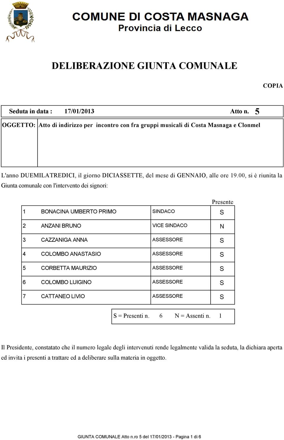 00, si è riunita la Giunta comunale con l'intervento dei signori: Presente 1 BONACINA UMBERTO PRIMO INDACO 2 ANZANI BRUNO VICE INDACO N 3 CAZZANIGA ANNA AEORE 4 COLOMBO ANATAIO AEORE 5 CORBETTA