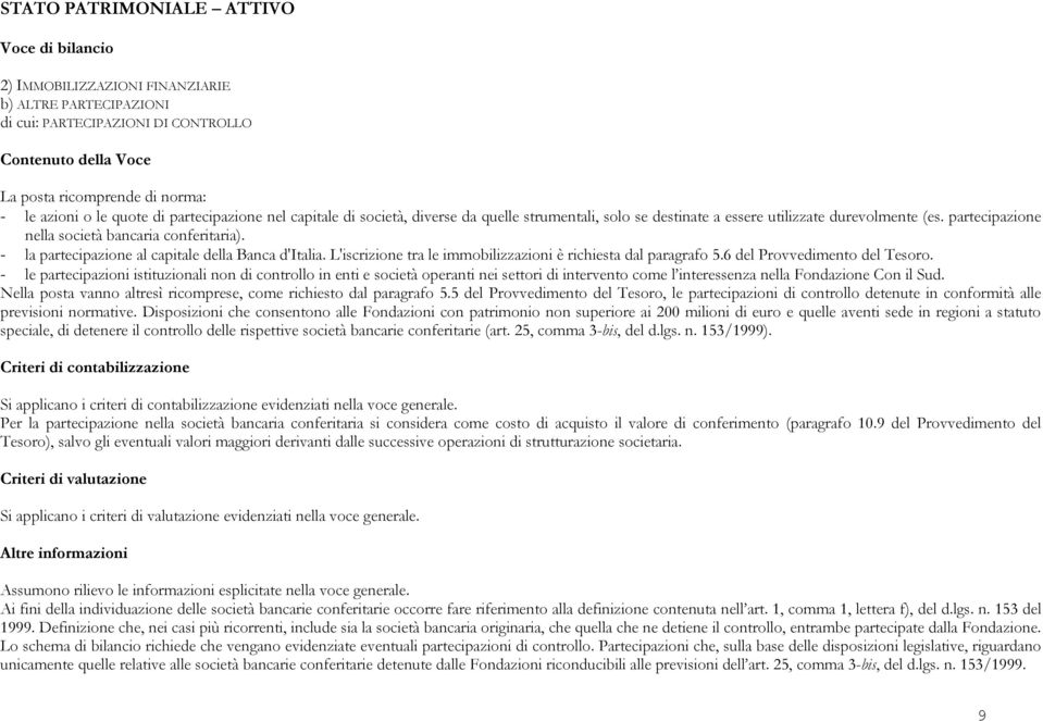 - la partecipazione al capitale della Banca d'italia. L'iscrizione tra le immobilizzazioni è richiesta dal paragrafo 5.6 del Provvedimento del Tesoro.