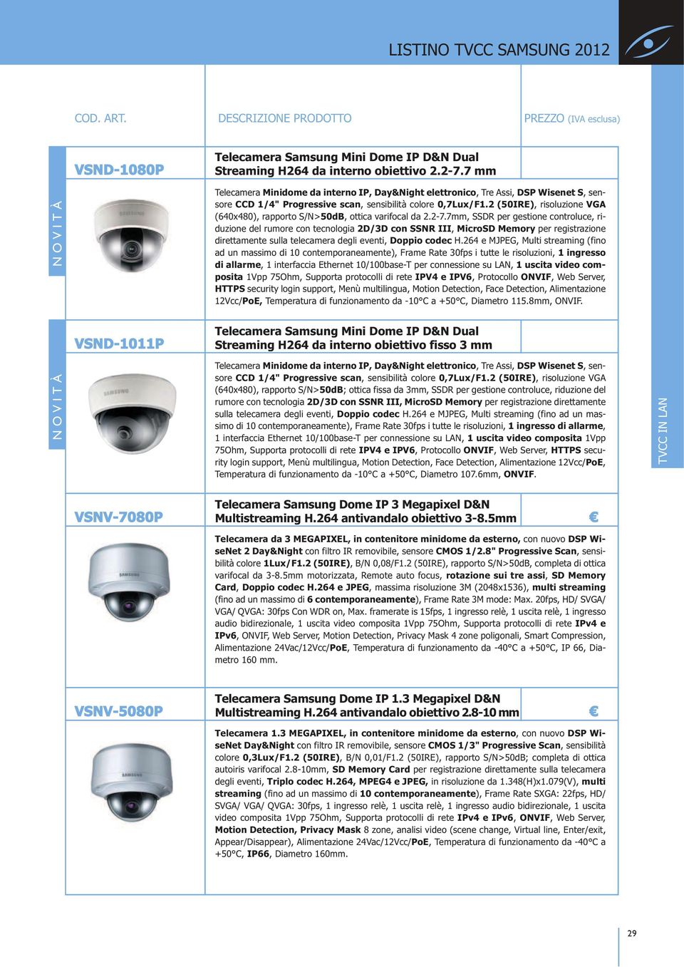 2 (50IRE), risoluzione VGA (640x480), rapporto S/N>50dB, ottica varifocal da 2.2-7.