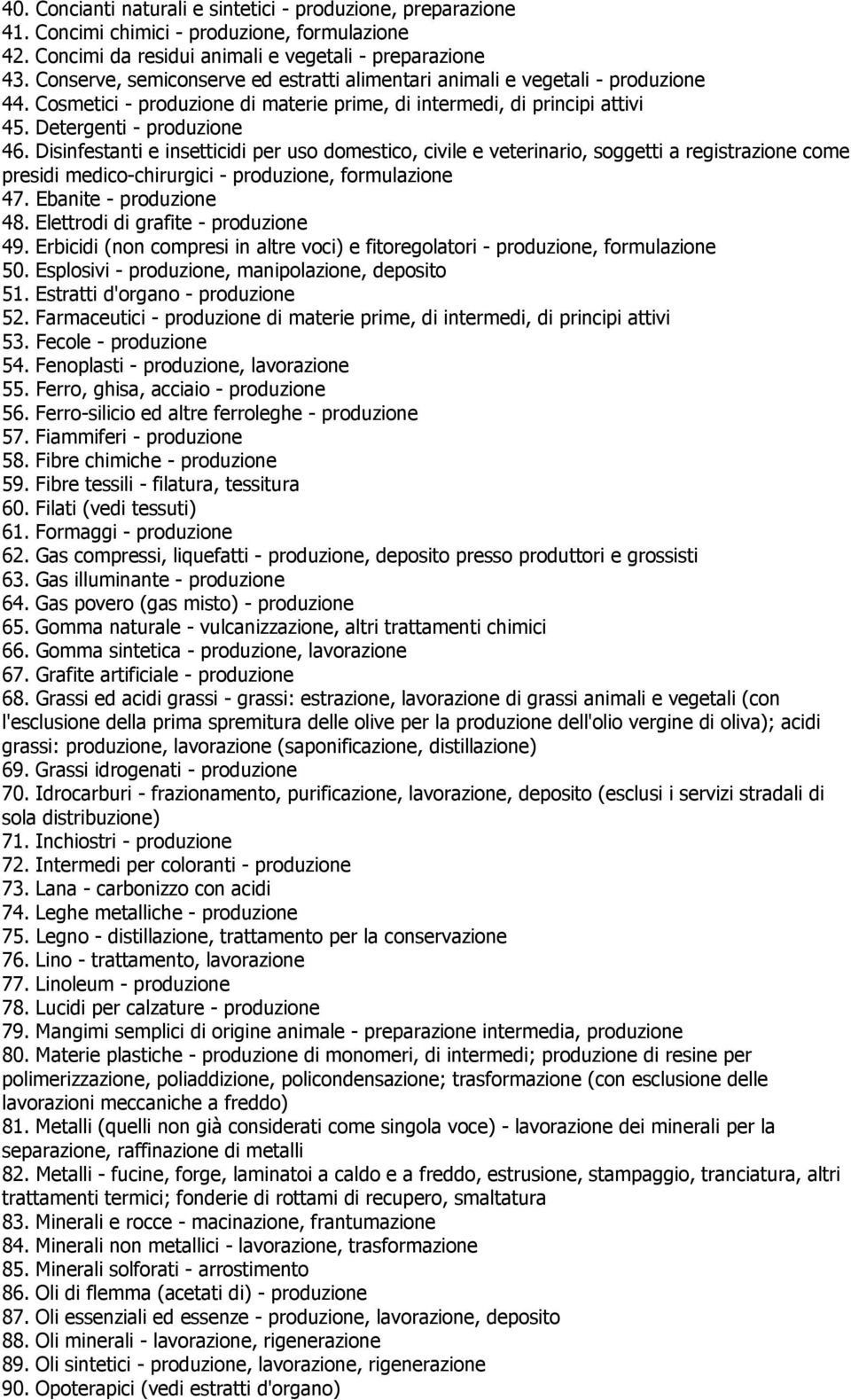 Disinfestanti e insetticidi per uso domestico, civile e veterinario, soggetti a registrazione come presidi medico-chirurgici - produzione, formulazione 47. Ebanite - produzione 48.