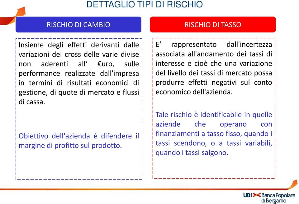 RISCHIO DI TASSO E rappresentato dall'incertezza associata all'andamento dei tassi di interesse e cioè che una variazione del livello dei tassi di mercato possa produrre effetti