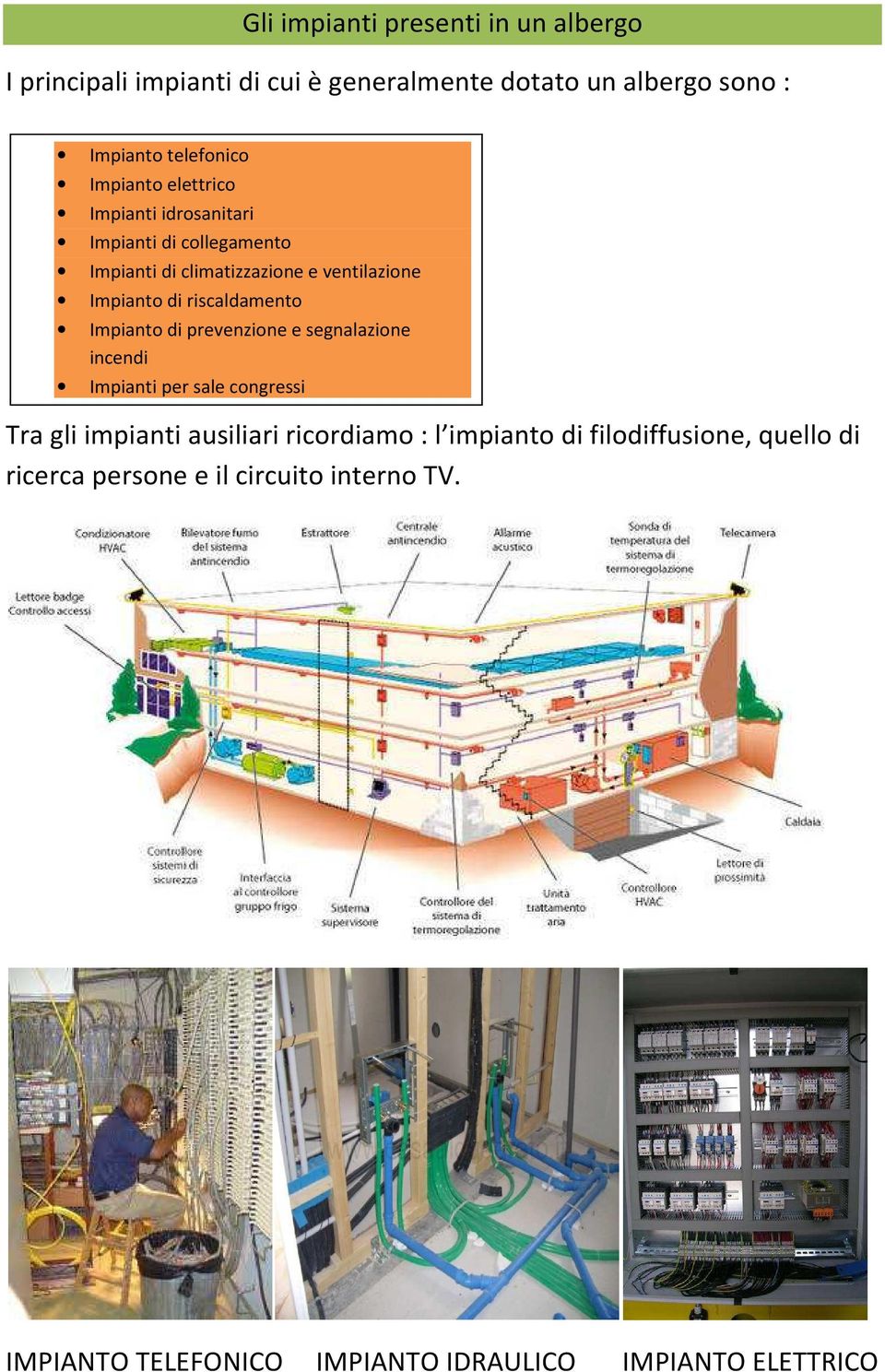 riscaldamento Impianto di prevenzione e segnalazione incendi Impianti per sale congressi Tra gli impianti ausiliari ricordiamo :