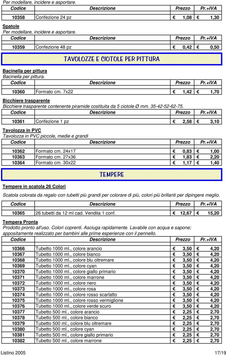 10361 Confezione 1 pz 2,58 3,10 Tavolozza in PVC Tavolozza in PVC piccole, medie e grandi 10362 Formato cm. 24x17 0,83 1,00 10363 Formato cm. 27x36 1,83 2,20 10364 Formato cm.