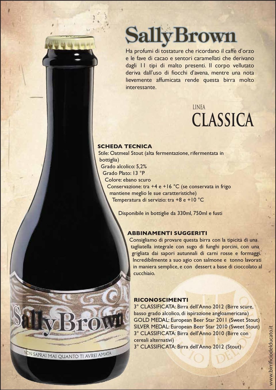 Stile: Oatmeal Stout (alta fermentazione, rifermentata in bottiglia) Grado alcolico: 5,2% Grado Plato: 13 P Colore: ebano scuro Conservazione: tra +4 e +16 C (se conservata in frigo Temperatura di