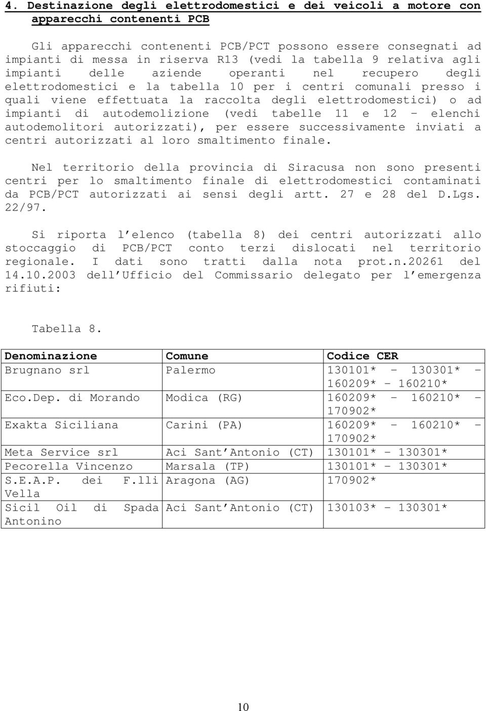 ad impianti di autodemolizione (vedi tabelle 11 e 12 elenchi autodemolitori autorizzati), per essere successivamente inviati a centri autorizzati al loro smaltimento finale.