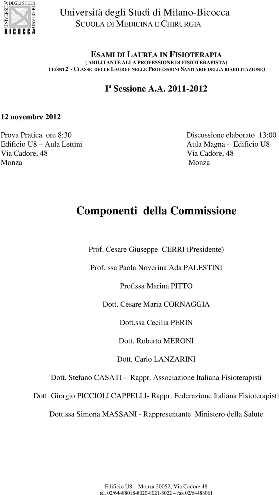 Cesare Giuseppe CERRI (Presidente) Prof. ssa Paola Noverina Ada PALESTINI Prof.ssa Marina PITTO Dott. Cesare Maria CORNAGGIA Dott.ssa Cecilia PERIN Dott. Roberto MERONI Dott. Carlo LANZARINI Dott.