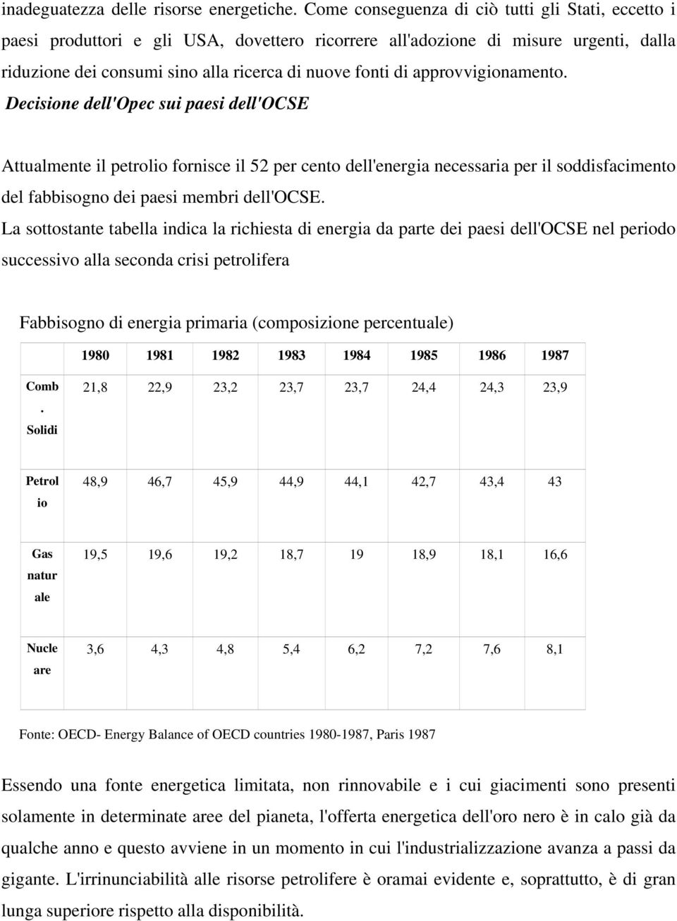 approvvigionamento. Decisione dell'opec sui paesi dell'ocse Attualmente il petrolio fornisce il 52 per cento dell'energia necessaria per il soddisfacimento del fabbisogno dei paesi membri dell'ocse.