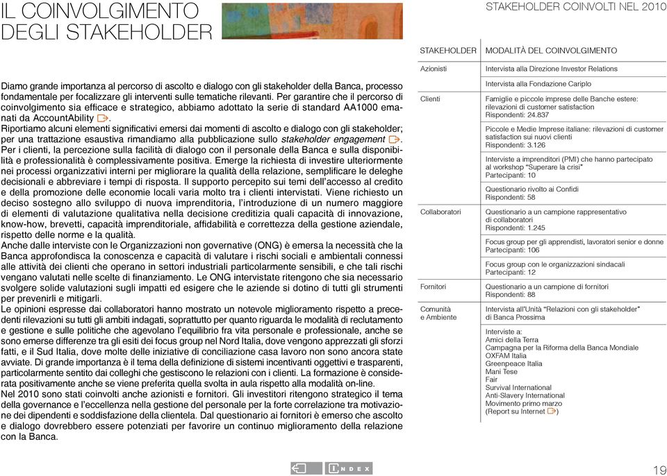 Riportiamo alcuni elementi significativi emersi dai momenti di ascolto e dialogo con gli stakeholder; per una trattazione esaustiva rimandiamo alla pubblicazione sullo stakeholder engagement V.