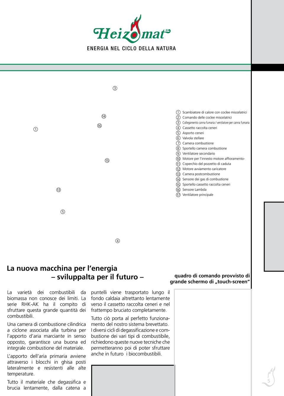 avviamento caricatore 13 Camera postcombustione 14 Sensore dei gas di combustione 15 Sportello cassetto raccolta ceneri 16 Sensore Lambda 17 Ventilatore principale 5 4 La nuova macchina per l energia