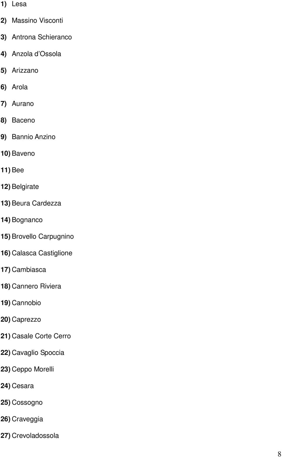 Carpugnino 16) Calasca Castiglione 17) Cambiasca 18) Cannero Riviera 19) Cannobio 20) Caprezzo 21)