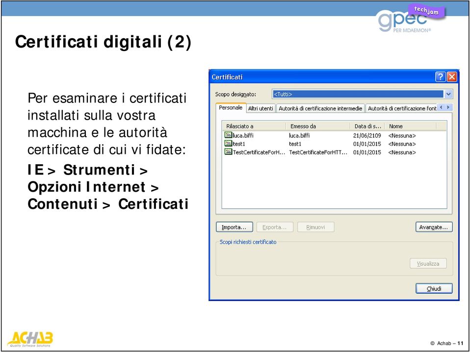 autorità certificate di cui vi fidate: IE >