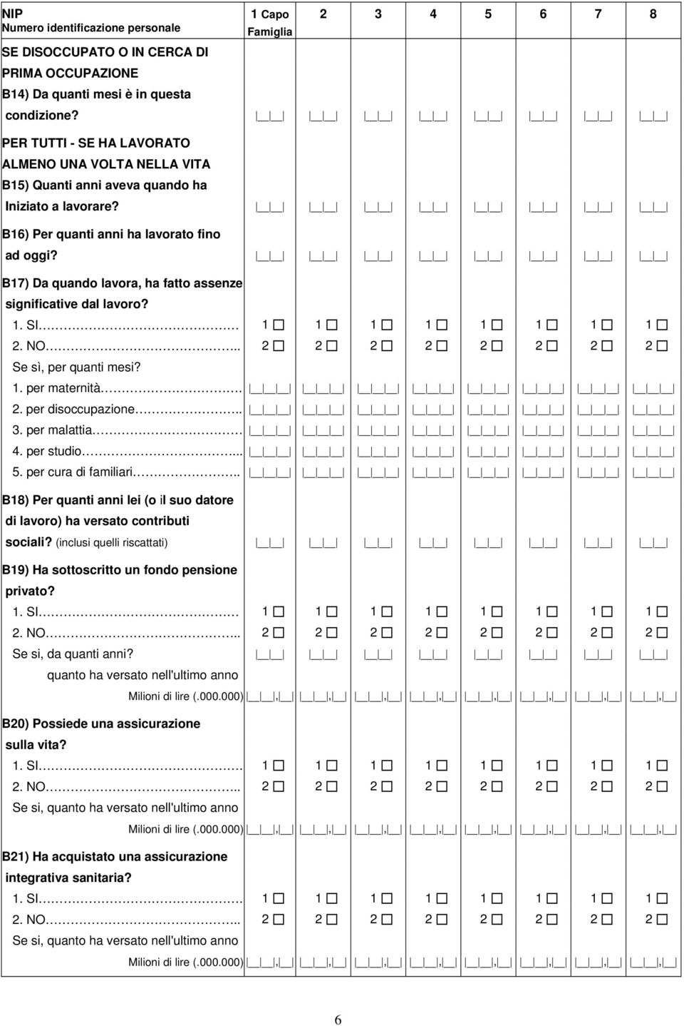 B17) Da quando lavora, ha fatto assenze significative dal lavoro? 1. SI 1 1 1 1 1 1 1 1 2. NO.. 2 2 2 2 2 2 2 2 Se sì, per quanti mesi? 1. per maternità. 2. per disoccupazione.. 3. per malattia 4.