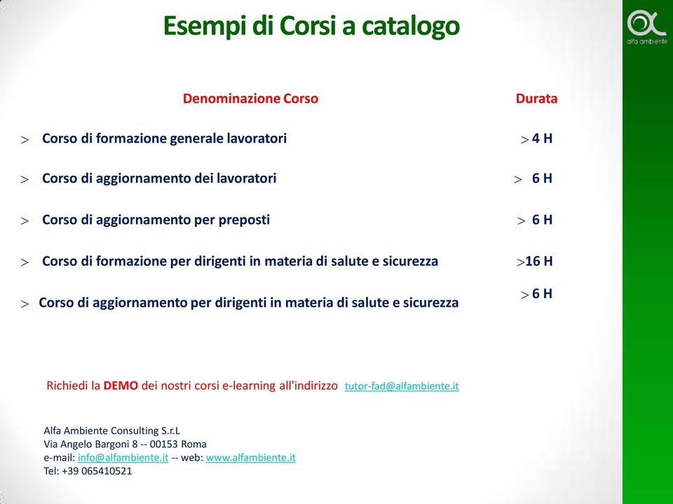 materia di salute e sicurezza Durata 4 H 6 H 6 H 16 H 6 H Richiedi la DEMO dei nostri corsi e-learning all'indirizzo