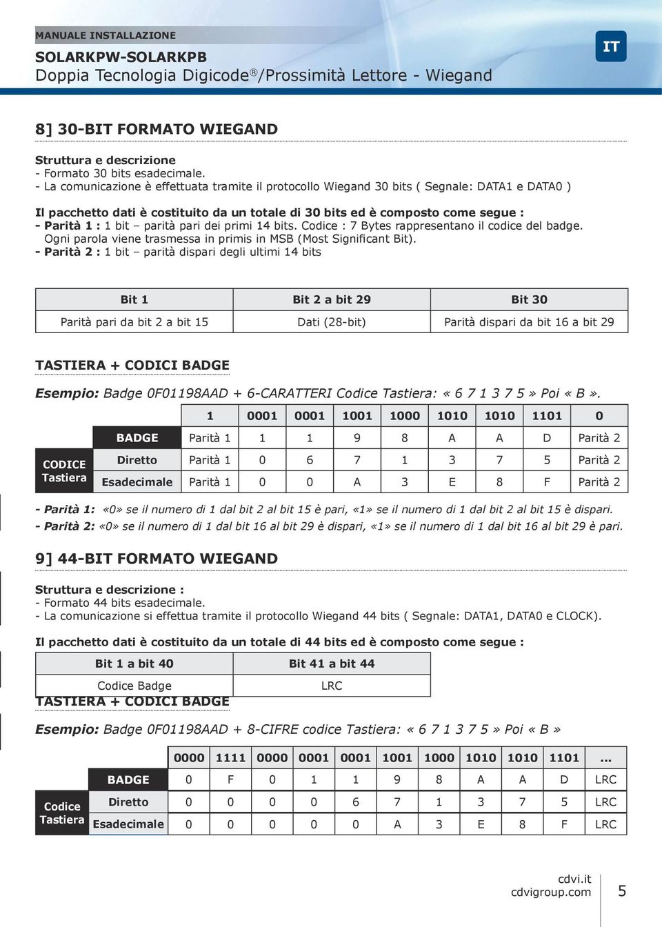 parità pari dei primi 14 bits. Codice : 7 Bytes rappresentano il codice del badge. Ogni parola viene trasmessa in primis in MSB (Most Significant Bit).