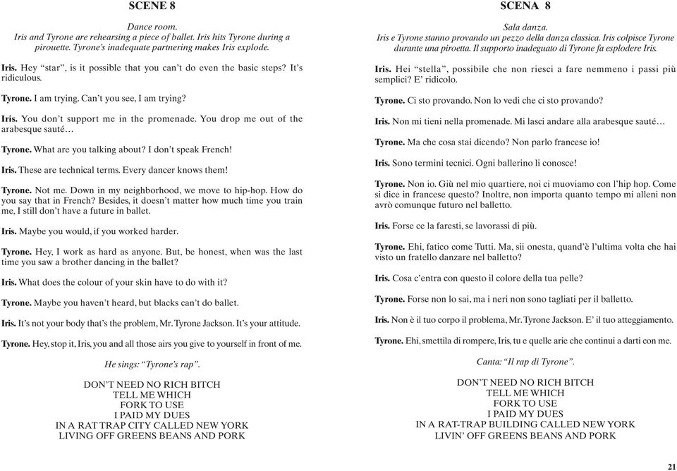 I don t speak French! Iris. These are technical terms. Every dancer knows them! Tyrone. Not me. Down in my neighborhood, we move to hip-hop. How do you say that in French?