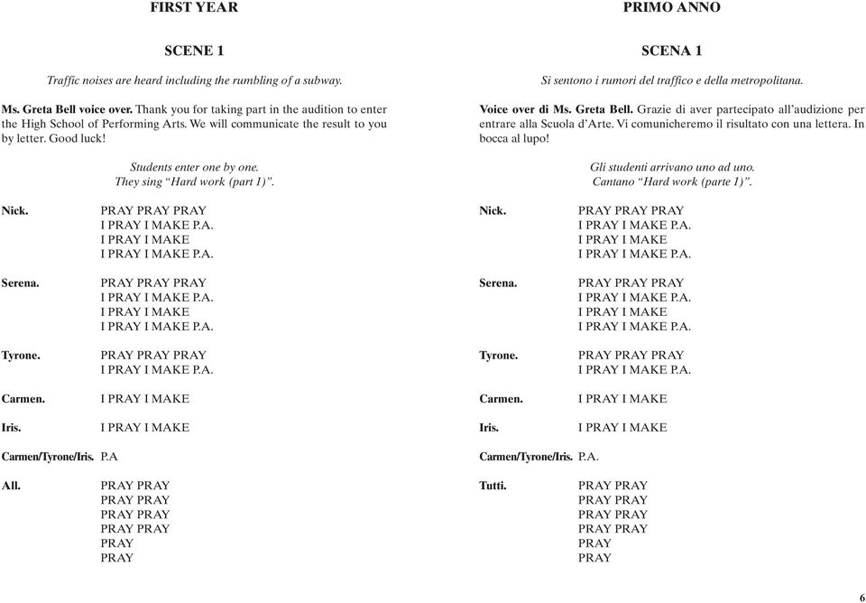 They sing Hard work (part 1). SCENA 1 Si sentono i rumori del traffico e della metropolitana. Voice over di Ms. Greta Bell. Grazie di aver partecipato all audizione per entrare alla Scuola d Arte.