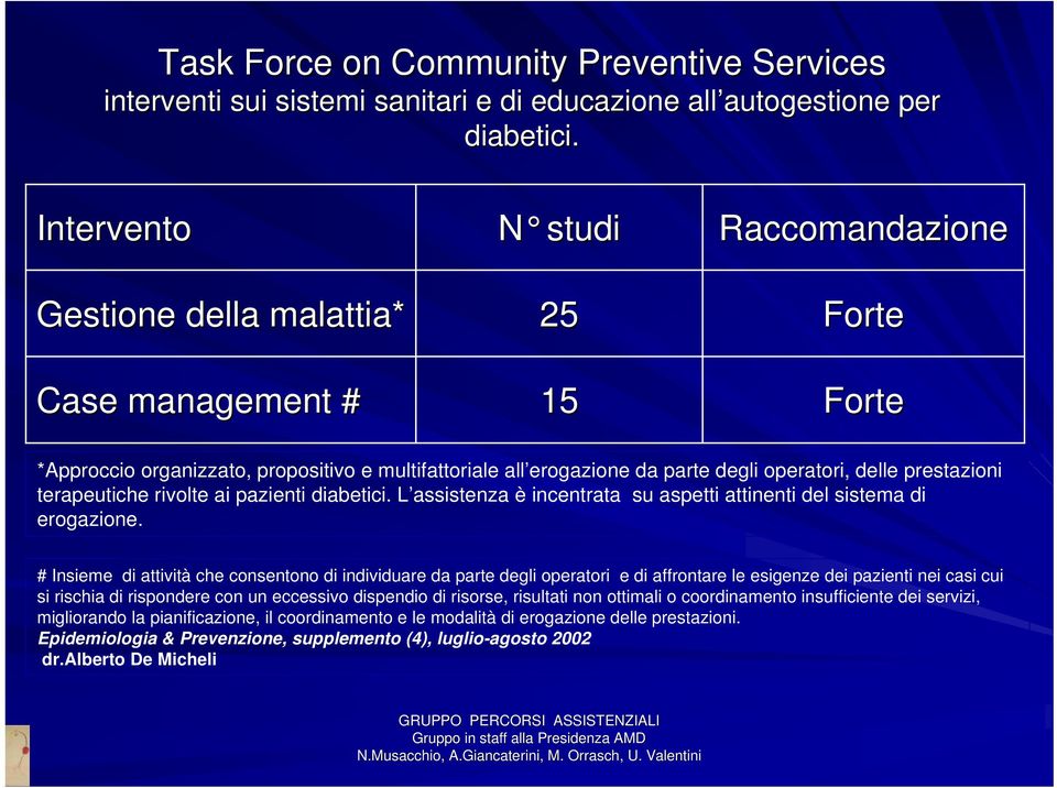 prestazioni terapeutiche rivolte ai pazienti diabetici. L assistenza è incentrata su aspetti attinenti del sistema di erogazione.