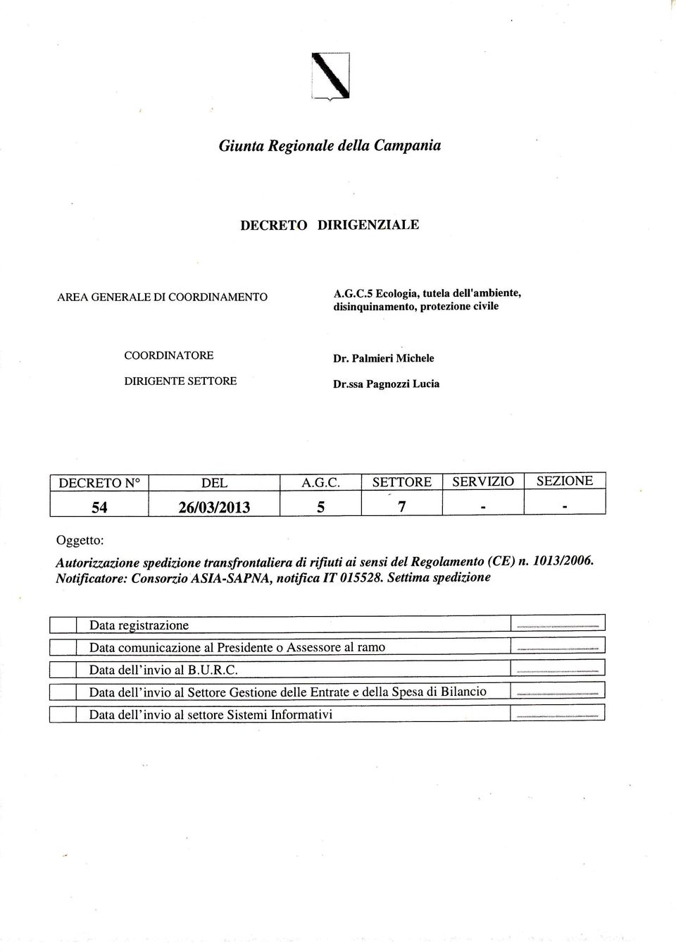 ETO N' DEL A.G.C. SETTORE SERVIZO SEZIONE Oggetto: 54 2610312013 5 7 Autorizzazìone spedizione transfrontaliera di rifiuti ai sensi del Regolamento (CE) n. 1013/2006.