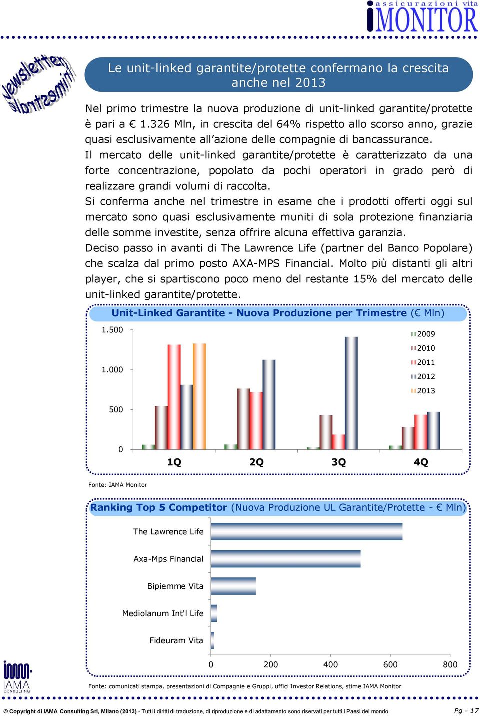 Il mercato delle unit-linked garantite/protette è caratterizzato da una forte concentrazione, popolato da pochi operatori in grado però di realizzare grandi volumi di raccolta.