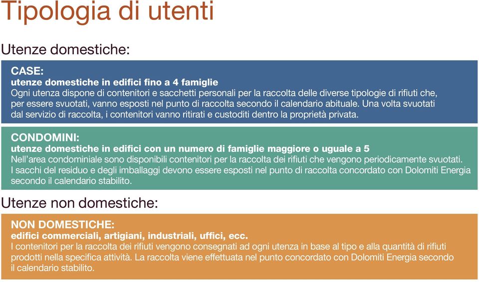 calendario abituale. Una volta svuotati dal servizio di raccolta, i contenitori vanno ritirati e custoditi dentro la proprietà privata.