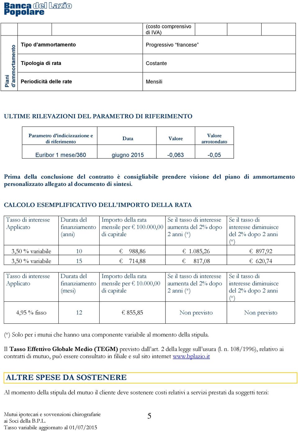 di ammortamento personalizzato allegato al documento di sintesi. CALCOLO ESEMPLIFICATIVO DELL'IMPORTO DELLA RATA Applicato Durata del finanziamento (anni) Importo della rata mensile per 100.