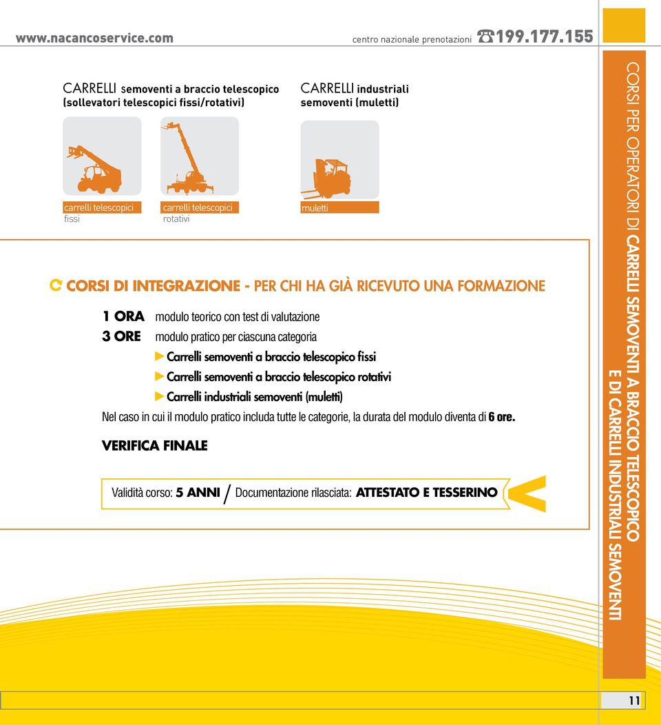 DI INTEGRAZIONE - PER CHI HA GIÀ RICEVUTO UNA FORMAZIONE 1 ORA modulo teorico con test di valutazione 3 ORE modulo pratico per ciascuna categoria Carrelli semoventi a braccio telescopico fissi