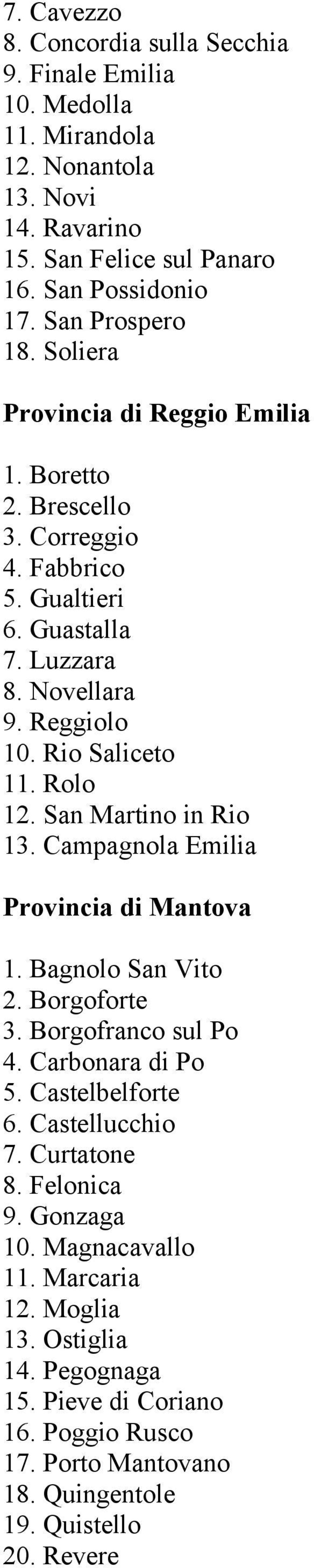 San Martino in Rio 13. Campagnola Emilia Provincia di Mantova 1. Bagnolo San Vito 2. Borgoforte 3. Borgofranco sul Po 4. Carbonara di Po 5. Castelbelforte 6. Castellucchio 7.