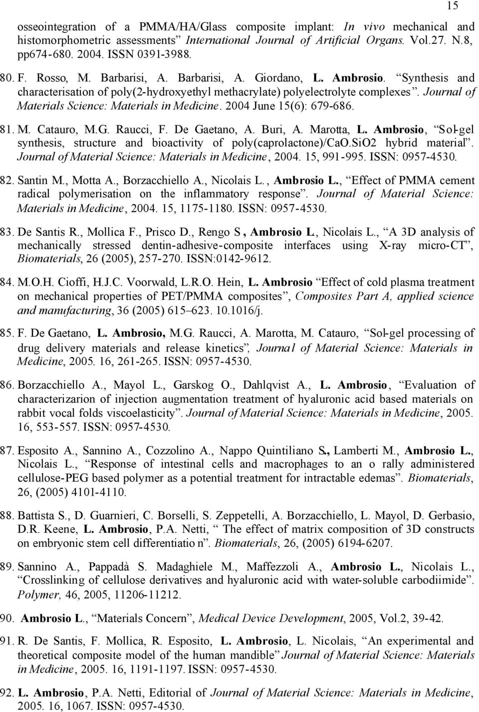 Journal of Materials Science: Materials in Medicine. 2004 June 15(6): 679-686. 81. M. Catauro, M.G. Raucci, F. De Gaetano, A. Buri, A. Marotta, L.