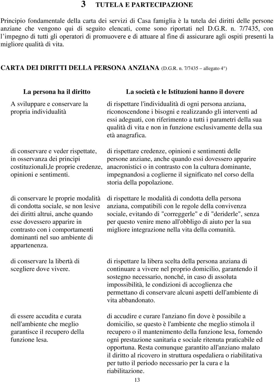 7/7435, con l impegno di tutti gli operatori di promuovere e di attuare al fine di assicurare agli ospiti presenti la migliore qualità di vita. CARTA DEI DIRITTI DELLA PERSONA ANZIANA (D.