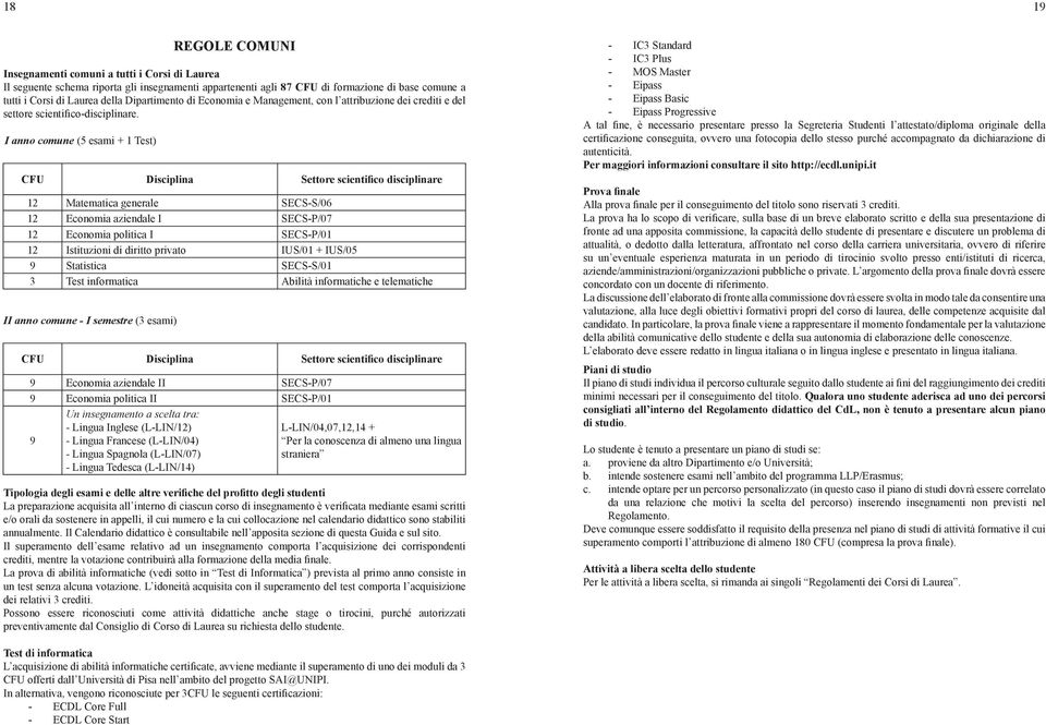 I anno comune (5 esami + 1 Test) Settore scientifico disciplinare 12 Matematica generale SES-S/0 12 Economia aziendale I SES-P/07 12 Economia politica I SES-P/01 12 Istituzioni di diritto privato