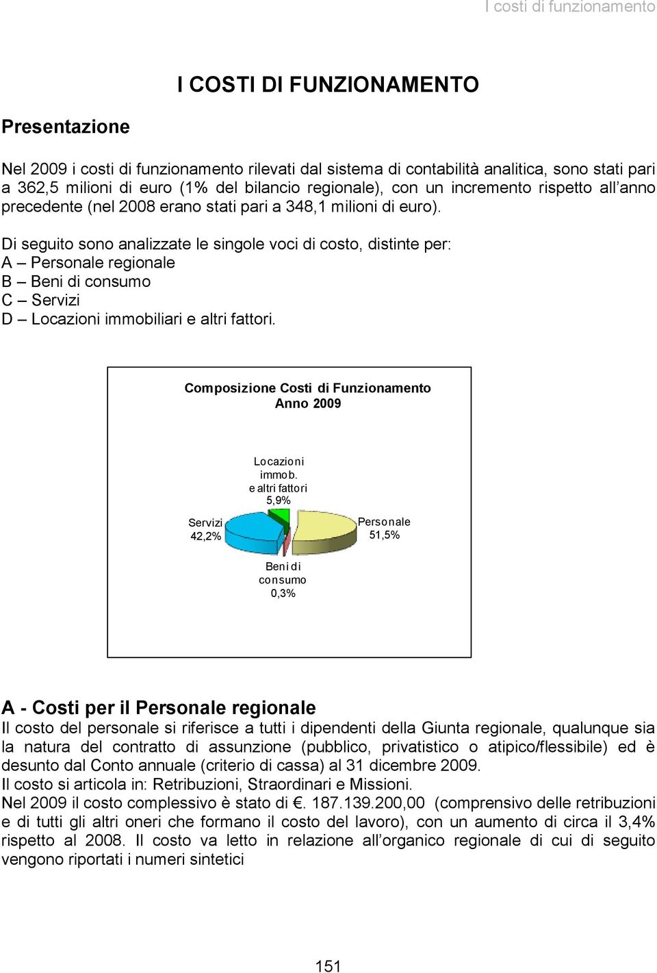 Di seguito sono analizzate le singole voci di costo, distinte per: A Personale regionale B Beni di consumo C Servizi D Locazioni immobiliari e altri fattori.