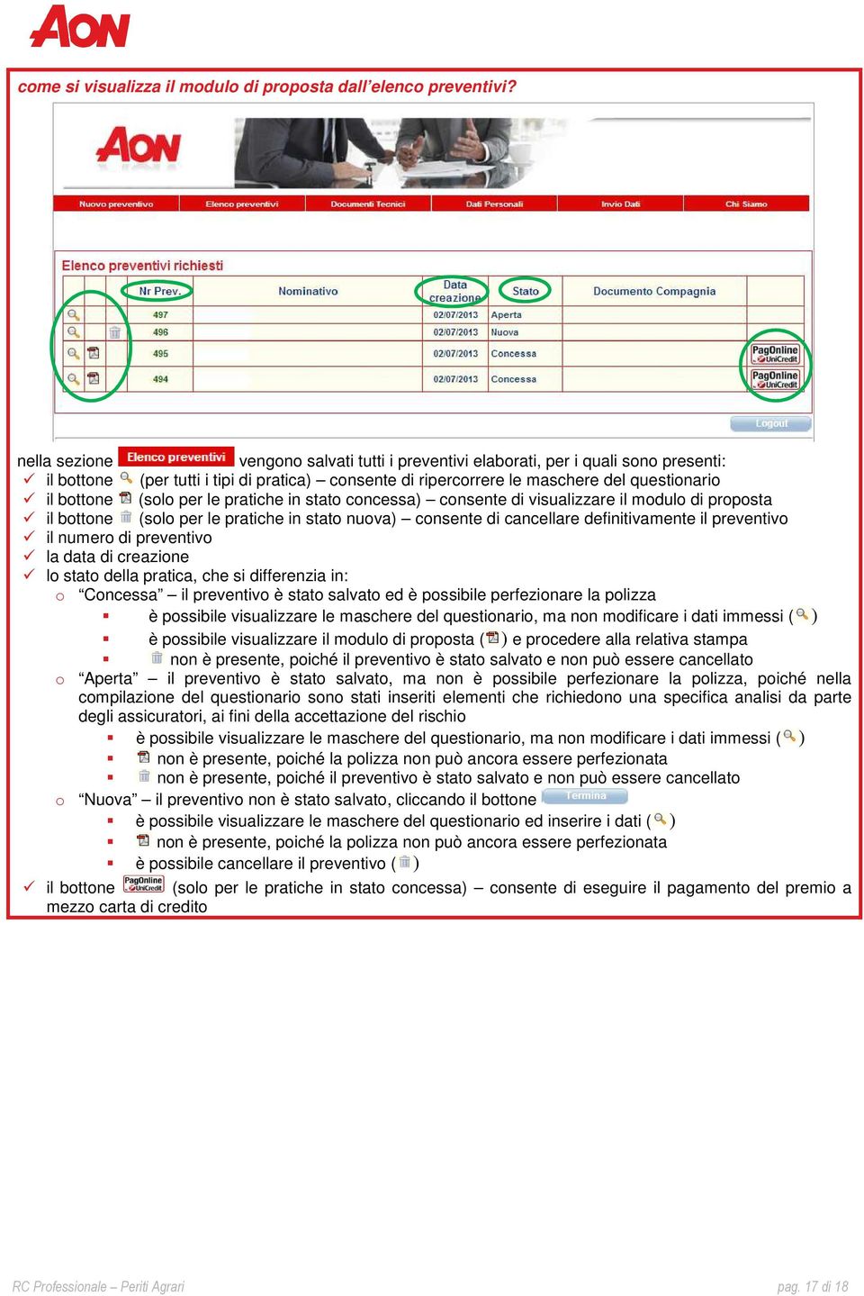 per le pratiche in stato concessa) consente di visualizzare il modulo di proposta il bottone (solo per le pratiche in stato nuova) consente di cancellare definitivamente il preventivo il numero di