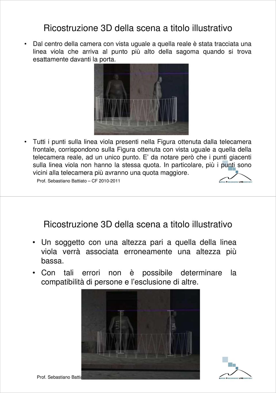 Tutti i punti sulla linea viola presenti nella Figura ottenuta dalla telecamera frontale, corrispondono sulla Figura ottenuta con vista uguale a quella della telecamera reale, ad un unico punto.