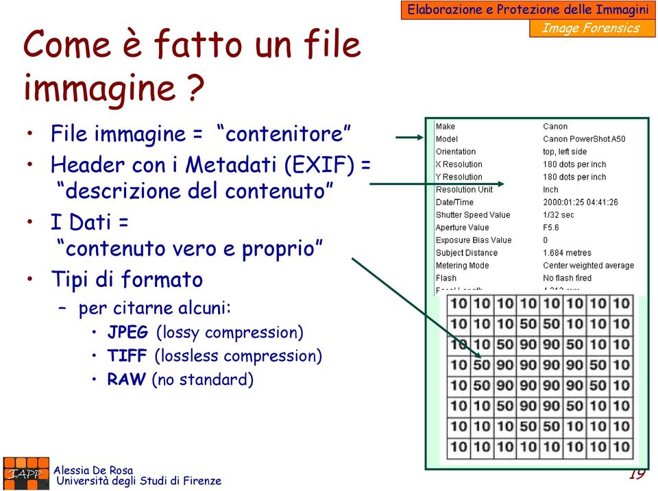 File immagine = contenitore Header con i Metadati (EXIF) = descrizione del