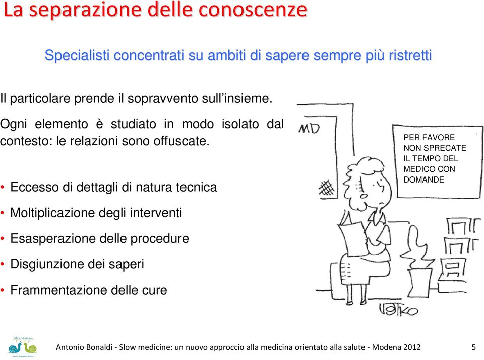 Eccesso di dettagli di natura tecnica PER FAVORE NON SPRECATE IL TEMPO DEL MEDICO CON DOMANDE Moltiplicazione degli interventi