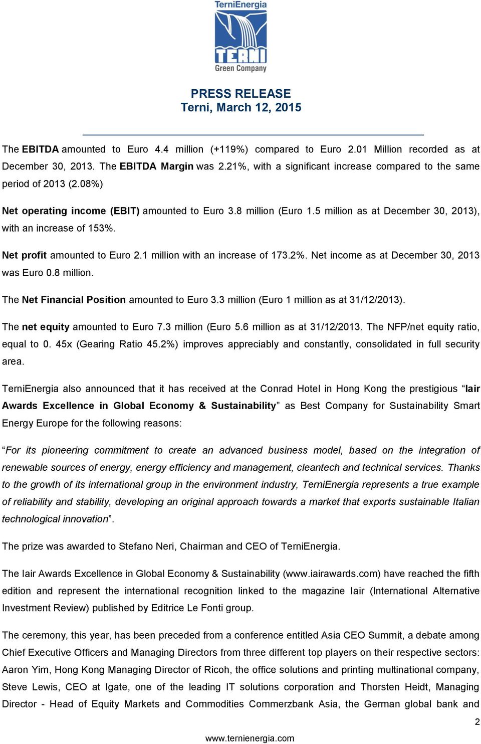 Net profit amounted to Euro 2. million with an increase of 73.2%. Net income as at December 30, 203 was Euro 0.8 million. The Net Financial Position amounted to Euro 3.