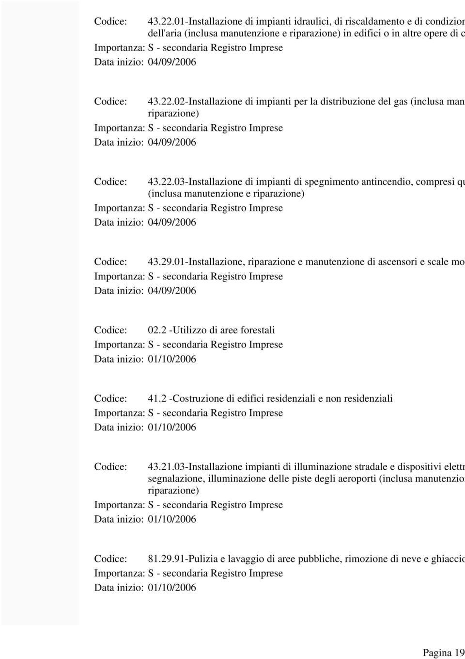 02-Installazione di impianti per la distribuzione del gas (inclusa manutenzion riparazione) Data inizio: 04/09/2006 03-Installazione di impianti di spegnimento antincendio, compresi quelli inte