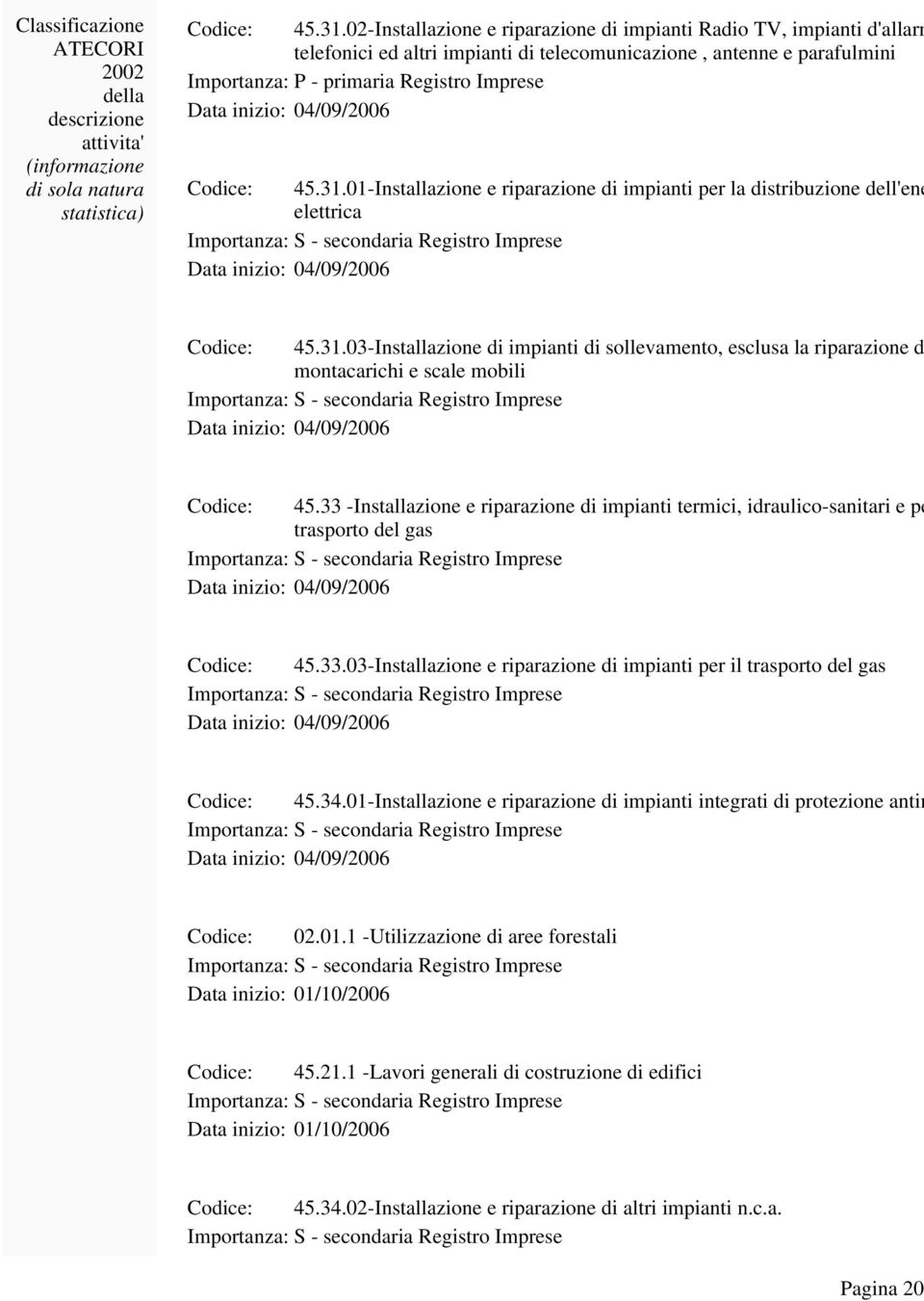 inizio: 04/09/2006 01-Installazione e riparazione di impianti per la distribuzione dell'energia elettrica Data inizio: 04/09/2006 03-Installazione di impianti di sollevamento, esclusa la riparazione