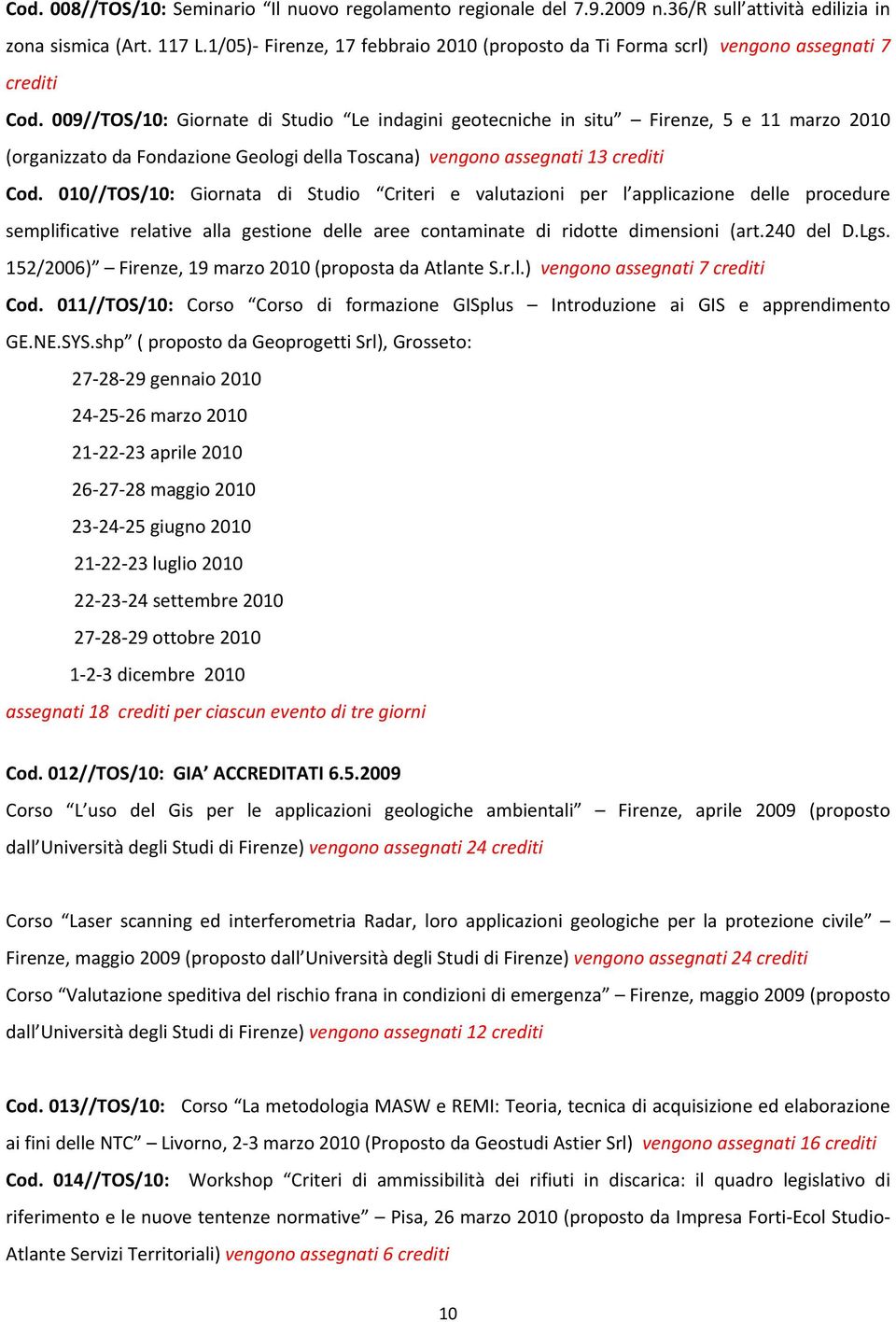 009//TOS/10: Giornate di Studio Le indagini geotecniche in situ Firenze, 5 e 11 marzo 2010 (organizzato da Fondazione Geologi della Toscana) vengono assegnati 13 Cod.
