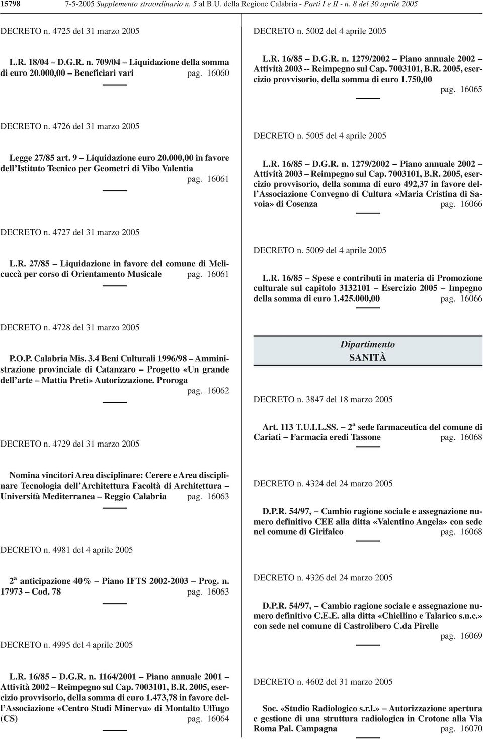 16065 DECRETO n. 4726 del 31 marzo 2005 Legge 27/85 art.9 Liquidazione euro 20.000,00 in favore dell Istituto Tecnico per Geometri di Vibo Valentia pag. 16061 DECRETO n. 5005 del 4 aprile 2005 L.R. 16/85 D.