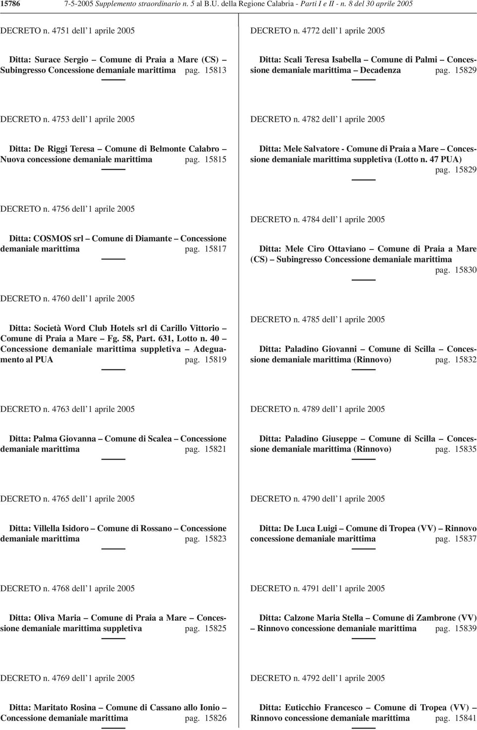15813 Ditta: Scali Teresa Isabella Comune di Palmi Concessione demaniale marittima Decadenza pag. 15829 DECRETO n. 4753 dell 1 aprile 2005 DECRETO n.