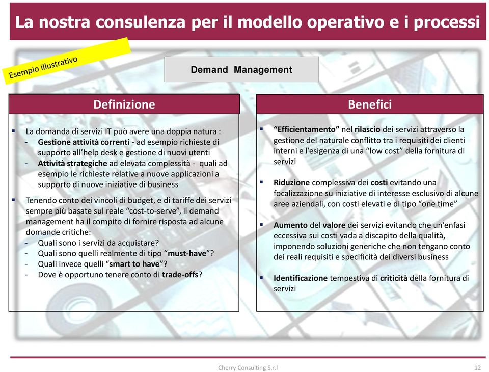 business Tenendo conto dei vincoli di budget, e di tariffe dei servizi sempre più basate sul reale cost-to-serve, il demand management ha il compito di fornire risposta ad alcune domande critiche: -