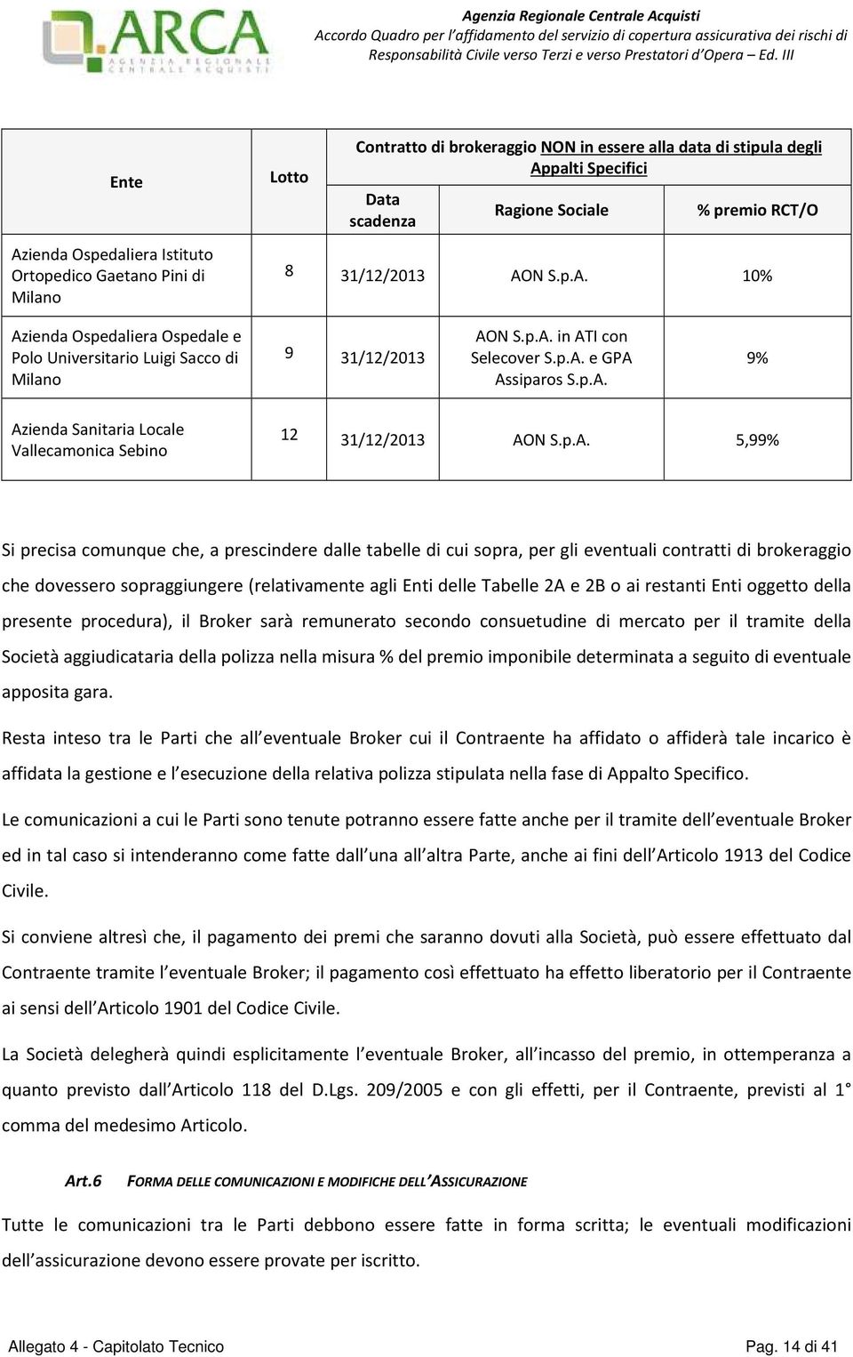 p.A. 5,99% Si precisa comunque che, a prescindere dalle tabelle di cui sopra, per gli eventuali contratti di brokeraggio che dovessero sopraggiungere (relativamente agli Enti delle Tabelle 2A e 2B o