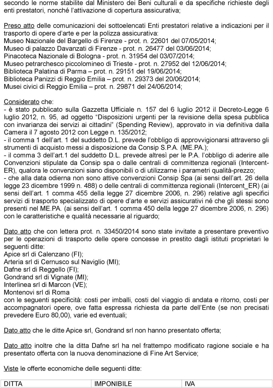 22601 del 07/05/2014; Museo di palazzo Davanzati di Firenze - prot. n. 26477 del 03/06/2014; Pinacoteca Nazionale di Bologna - prot. n. 31954 del 03/07/2014; Museo petrarchesco piccolomineo di Trieste - prot.