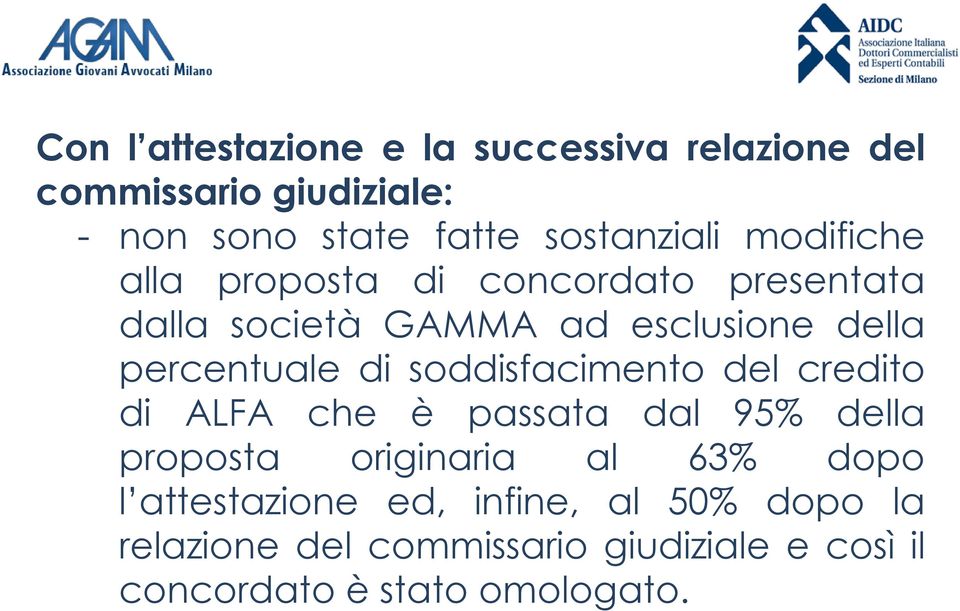 percentuale di soddisfacimento del credito di ALFA che è passata dal 95% della proposta originaria al 63%