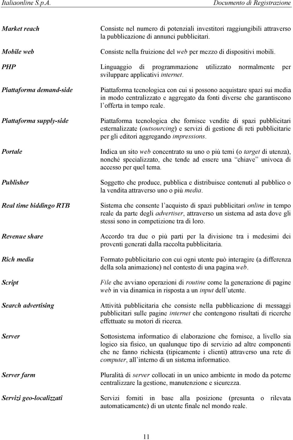 Piattaforma demand-side Piattaforma supply-side Portale Publisher Real time biddingo RTB Revenue share Rich media Script Search advertising Server Server farm Servizi geo-localizzati Piattaforma